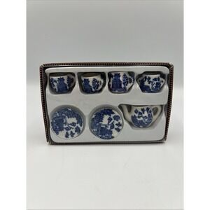 Vintage Blue White Porcelain Mini Tea Set Teapot 6 Cups Gift Box 7 piece Trinket